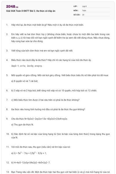 Giải SGK Toán 8 KNTT Bài 2. Đa thức có đáp án
