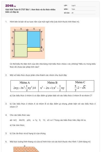 Giải SGK Toán 8 CTST Bài 1. Đơn thức và đa thức nhiều biến có đáp án
