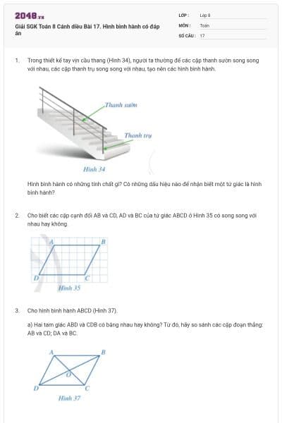 Giải SGK Toán 8 Cánh diều Bài 17. Hình bình hành có đáp án