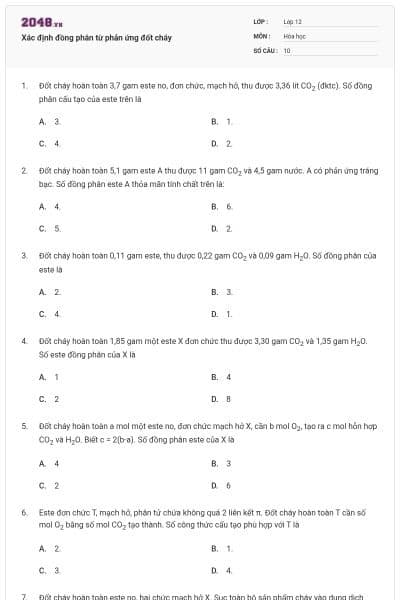 Xác định đồng phân từ phản ứng đốt cháy