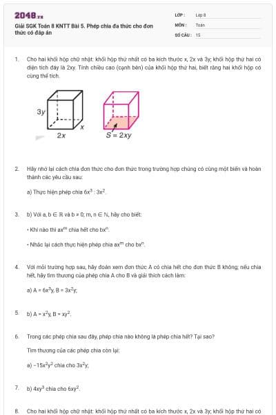 Giải SGK Toán 8 KNTT Bài 5. Phép chia đa thức cho đơn thức có đáp án