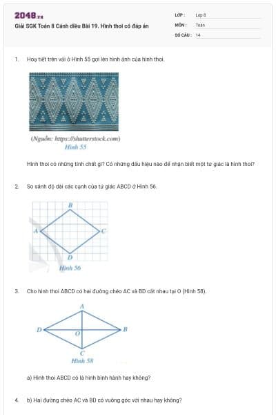 Giải SGK Toán 8 Cánh diều Bài 19. Hình thoi có đáp án
