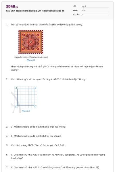 Giải SGK Toán 8 Cánh diều Bài 20: Hình vuông có đáp án