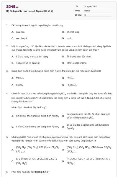 Bộ đề luyện thi Hóa Học có đáp án (Đề số 7)