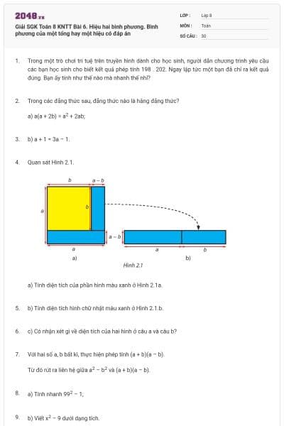 Giải SGK Toán 8 KNTT Bài 6. Hiệu hai bình phương. Bình phương của một tổng hay một hiệu có đáp án