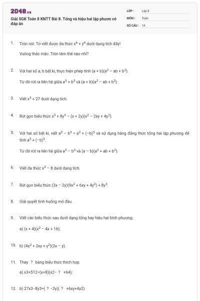 Giải SGK Toán 8 KNTT Bài 8. Tổng và hiệu hai lập phươn có đáp án