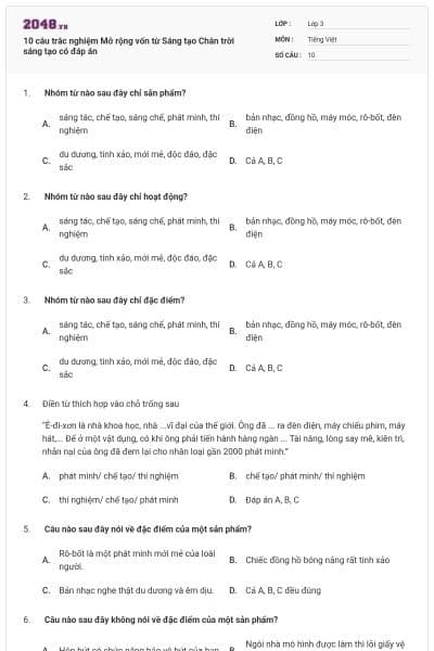 10 câu trắc nghiệm Mở rộng vốn từ Sáng tạo Chân trời sáng tạo có đáp án