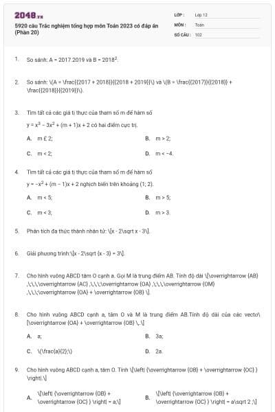 5920 câu Trắc nghiệm tổng hợp môn Toán 2023 có đáp án (Phần 20)
