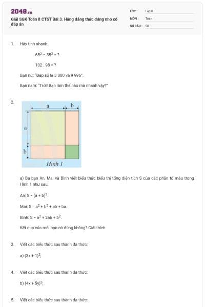 Giải SGK Toán 8 CTST Bài 3. Hằng đẳng thức đáng nhớ có đáp án