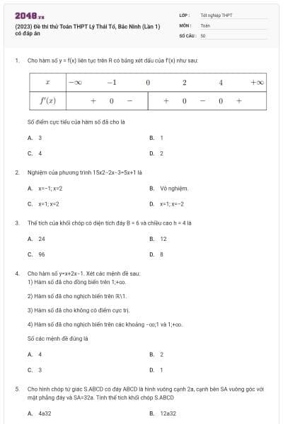 (2023) Đề thi thử Toán THPT Lý Thái Tổ, Bắc Ninh (Lần 1) có đáp án
