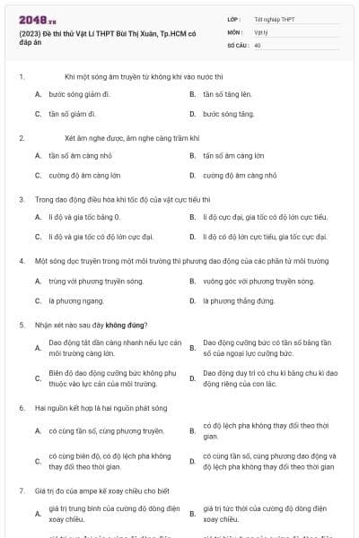(2023) Đề thi thử Vật Lí THPT Bùi Thị Xuân, Tp.HCM có đáp án