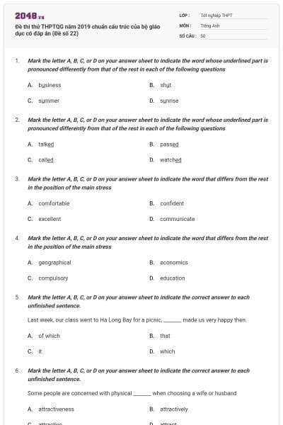 Đề thi thử THPTQG năm 2019 chuẩn cấu trúc của bộ giáo dục có đáp án (Đề số 22)