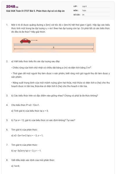 Giải SGK Toán 8 CTST Bài 5. Phân thức đại số có đáp án