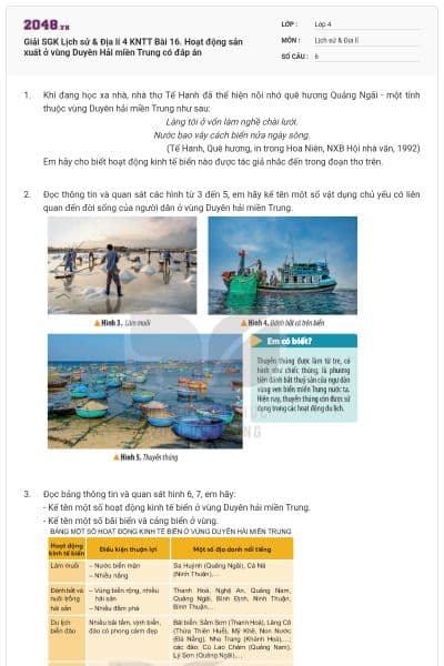Giải SGK Lịch sử & Địa lí 4 KNTT Bài 16. Hoạt động sản xuất ở vùng Duyên Hải miền Trung có đáp án