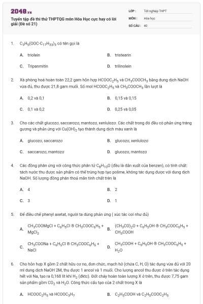 Tuyển tập đề thi thử THPTQG môn Hóa Học cực hay có lời giải (Đề số 21)