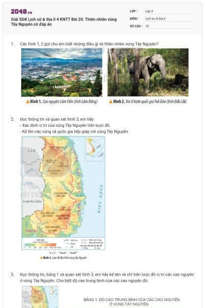 Giải SGK Lịch sử & Địa lí 4 KNTT Bài 20. Thiên nhiên vùng Tây Nguyên có đáp án