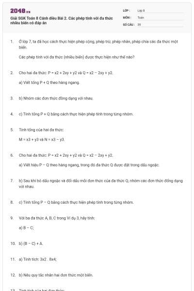 Giải SGK Toán 8 Cánh diều Bài 2. Các phép tính với đa thức nhiều biến có đáp án