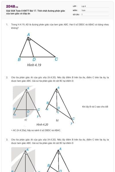 Giải SGK Toán 8 KNTT Bài 17. Tính chất đường phân giác của tam giác có đáp án
