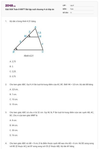 Giải SGK Toán 8 KNTT Bài tập cuối chương 4 có đáp án