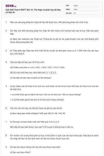 Giải SGK Toán 8 KNTT Bài 18. Thu thập và phân loại dữ liệu có đáp án