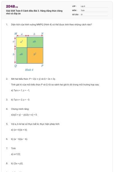 Giải SGK Toán 8 Cánh diều Bài 3. Hằng đẳng thức đáng nhớ có đáp án