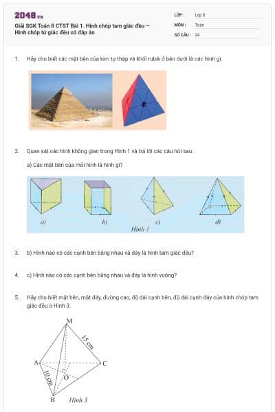 Giải SGK Toán 8 CTST Bài 1. Hình chóp tam giác đều – Hình chóp tứ giác đều có đáp án
