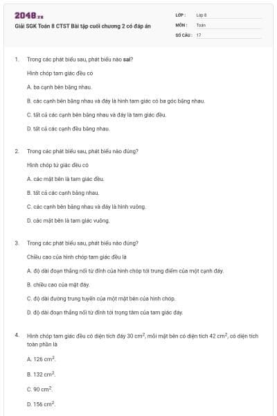 Giải SGK Toán 8 CTST Bài tập cuối chương 2 có đáp án