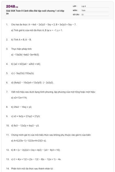 Giải SGK Toán 8 Cánh diều Bài tập cuối chương 1 có đáp án