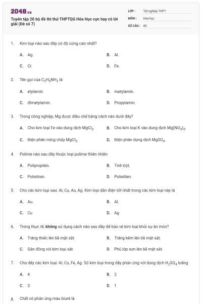 Tuyển tập 20 bộ đề thi thử THPTQG Hóa Học cực hay có lời giải (Đề số 7)