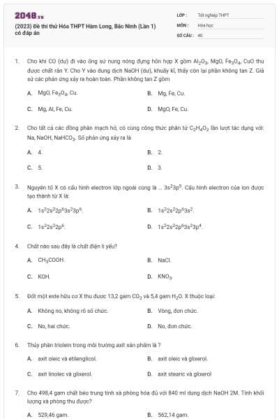 (2023) Đề thi thử Hóa THPT Hàm Long, Bắc Ninh (Lần 1) có đáp án