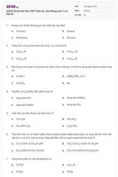 (2023) Đề thi thử Hóa THPT Kiến An, Hải Phòng (Lần 1) có đáp án