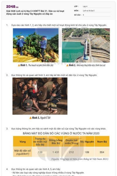 Giải SGK Lịch sử & Địa lí 4 KNTT Bài 21. Dân cư và hoạt động sản xuất ở vùng Tây Nguyên có đáp án