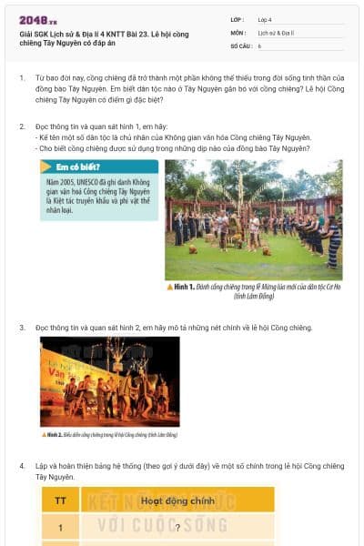 Giải SGK Lịch sử & Địa lí 4 KNTT Bài 23. Lễ hội cồng chiêng Tây Nguyên có đáp án