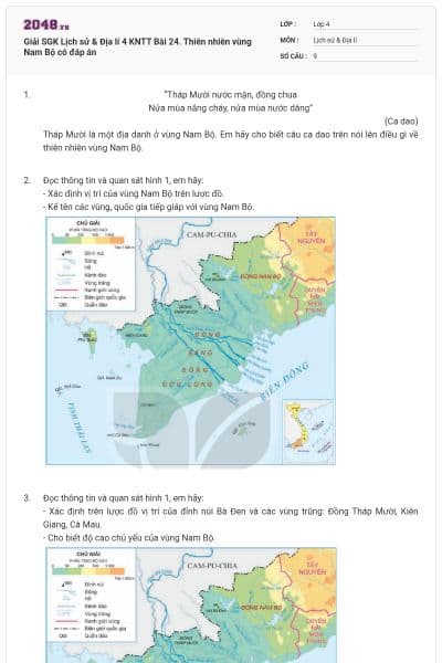 Giải SGK Lịch sử & Địa lí 4 KNTT Bài 24. Thiên nhiên vùng Nam Bộ có đáp án