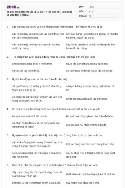 18 câu Trắc nghiệm Địa Lí 12 Bài 17 (có đáp án): Lao động và việc làm (Phần 2)