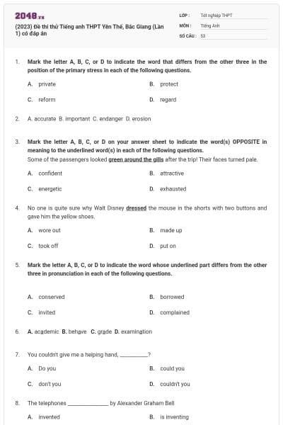 (2023) Đề thi thử Tiếng anh THPT Yên Thế, Bắc Giang (Lần 1) có đáp án