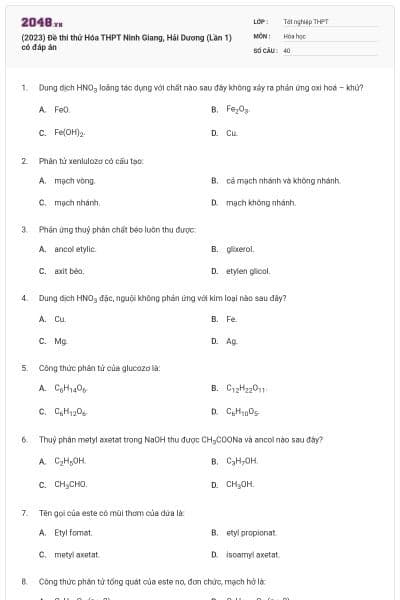 (2023) Đề thi thử Hóa THPT Ninh Giang, Hải Dương (Lần 1) có đáp án