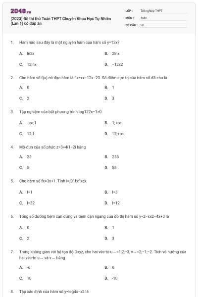 (2023) Đề thi thử Toán THPT Chuyên Khoa Học Tự Nhiên (Lần 1) có đáp án