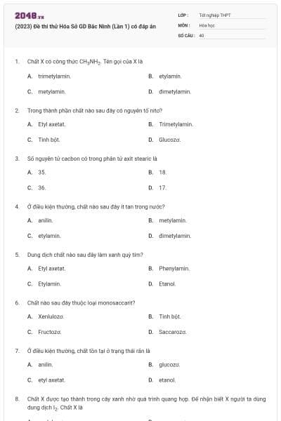 (2023) Đề thi thử Hóa Sở GD Bắc Ninh (Lần 1) có đáp án