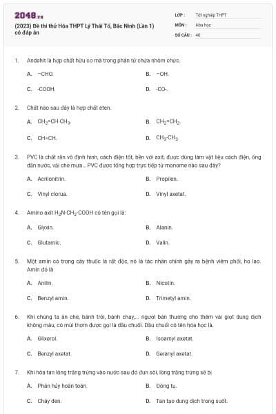 (2023) Đề thi thử Hóa THPT Lý Thái Tổ, Bắc Ninh (Lần 1) có đáp án