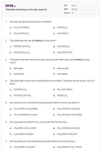 Thủy phân este không no, đơn chức, mạch hở