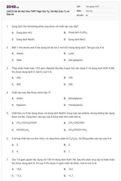 (2023) Đề thi thử Hóa THPT Ngô Gia Tự, Hà Nội (Lần 1) có đáp án