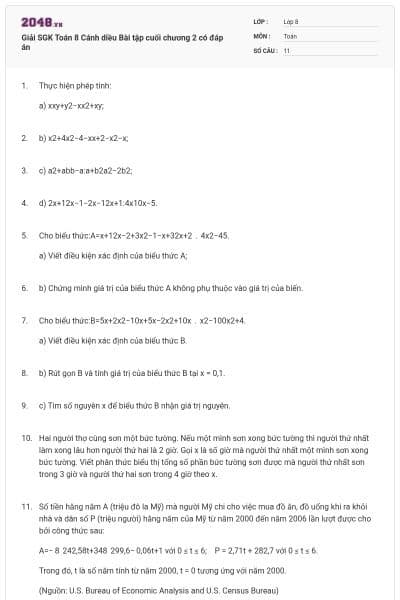 Giải SGK Toán 8 Cánh diều Bài tập cuối chương 2 có đáp án