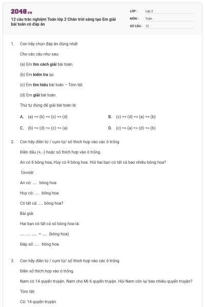 12 câu trắc nghiệm Toán lớp 2 Chân trời sáng tạo Em giải bài toán có đáp án