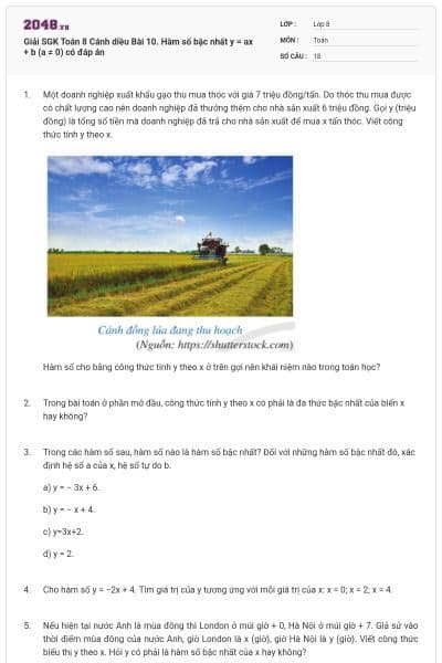 Giải SGK Toán 8 Cánh diều Bài 10. Hàm số bậc nhất y = ax + b (a ≠ 0) có đáp án