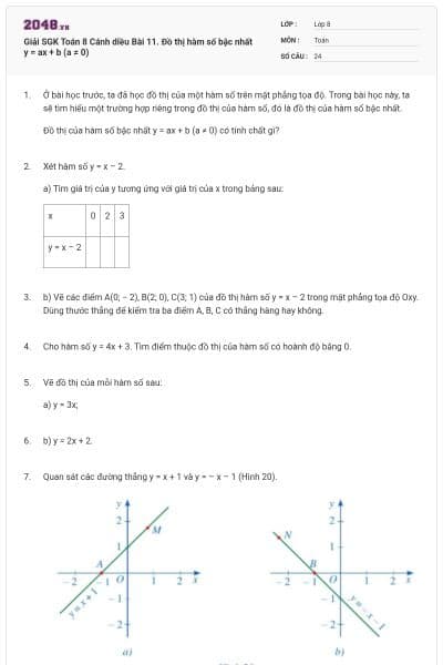 Giải SGK Toán 8 Cánh diều Bài 11. Đồ thị hàm số bậc nhất y = ax + b (a ≠ 0)