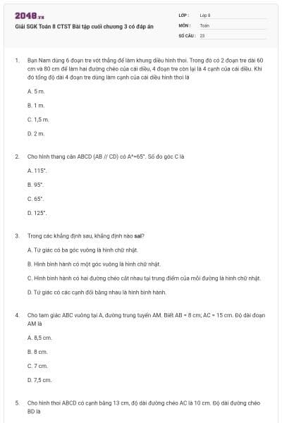 Giải SGK Toán 8 CTST Bài tập cuối chương 3 có đáp án