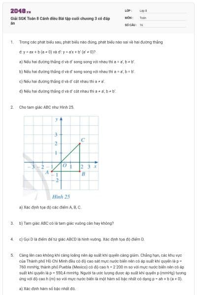 Giải SGK Toán 8 Cánh diều Bài tập cuối chương 3 có đáp án