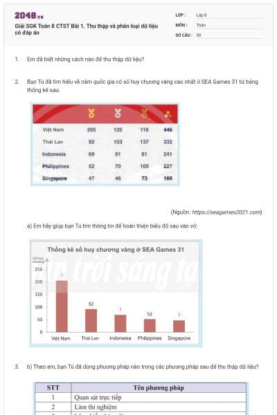 Giải SGK Toán 8 CTST Bài 1. Thu thập và phân loại dữ liệu có đáp án