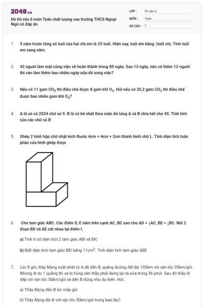 Đề thi vào 6 môn Toán chất lượng cao trường THCS Ngoại Ngữ có đáp án